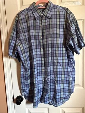 Austin Reed Blue and Purple Plaid Short-Sleeve Button-Down Shirt